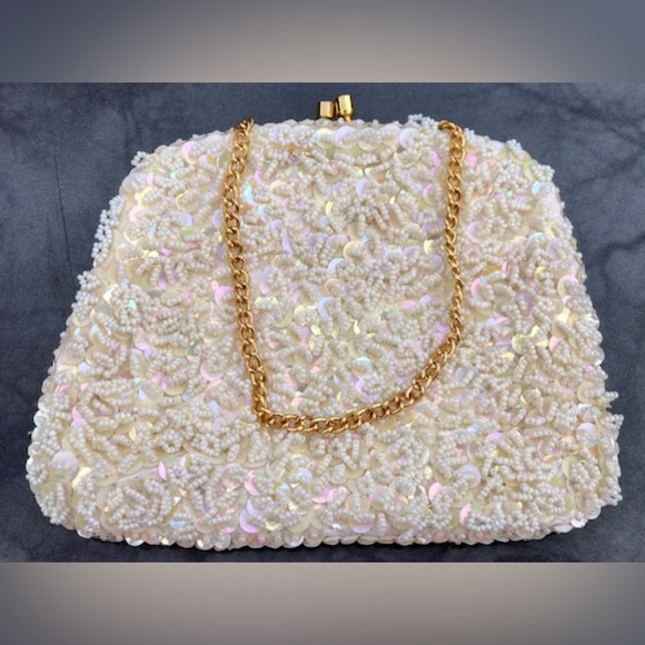 Vintage 1950s White Beaded Sequined Clutch Wristlet Handbag Coin Purse Satchel - Picture 5 of 8